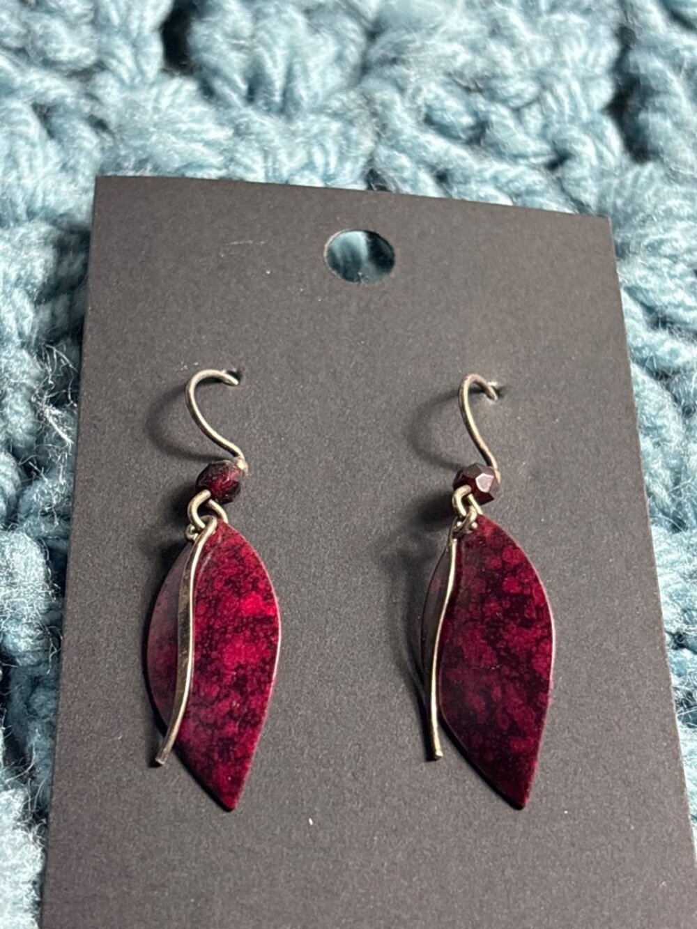 Red Silvertone Abstract Metal Dangle Earrings Beads 1.25 inches